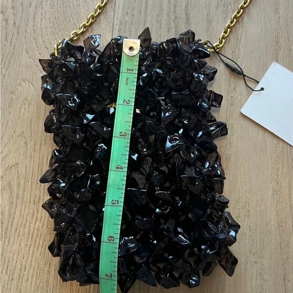 NWT $59 Zara Black Glossy Textured Black Crystal Handbag with Gold Chain - Picture 7 of 7